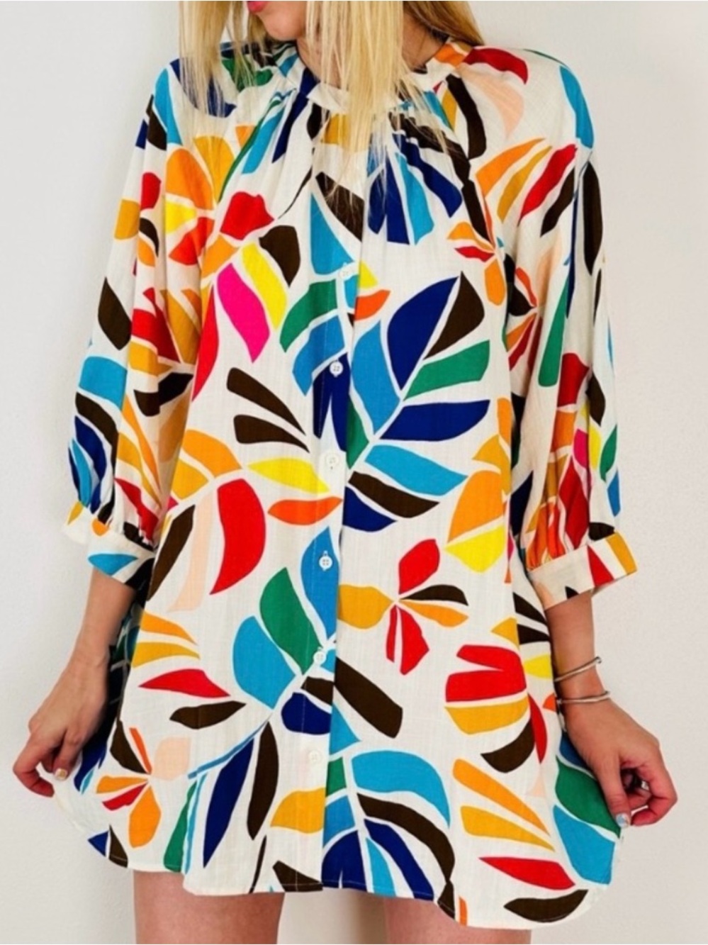 Tabitha Multicolor Botanical Puff-Sleeve Tunic Dress